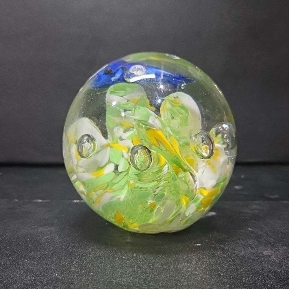Dolphin with Green Yellow Waves Round Paperweight, Controlled Bubbles Sculpture - Picture 2 of 11